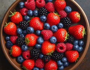 A top-down photo of assorted berries including strawberries, blueberries, raspberries, and blackberries arranged in a visually balanced color pattern