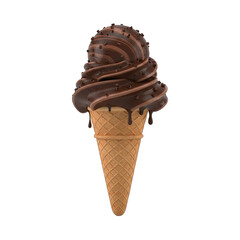 Realistic 3D Rendering Of A Chocolate Soft Serve Ice Cream Cone Drizzled With Chocolate Sauce And Sprinkles Isolated On A Transparent Background Studio Shot