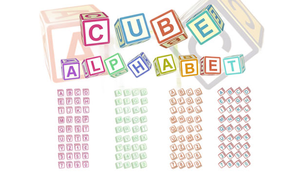 Colorful alphabet blocks spelling the word cube and alphabet isolated on transparent background