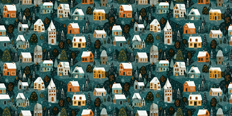 Seamless Pattern of Cozy Winter Village with Snow-Covered Houses and Trees on Deep Blue Background, Nostalgic Christmas Town for Textiles and Packaging