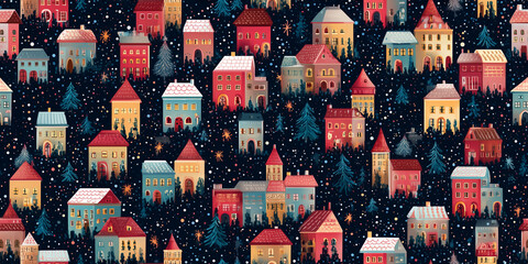 Seamless Pattern of Magical Christmas Town with Colorful Houses and Starry Sky, Whimsical Nighttime Holiday Design for Social Media and Apparel