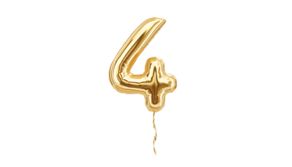 Shiny golden number four balloon with string isolated on transparent background