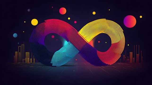 Vibrant multicolored line art symbol of endless possibility floats above a stylized cityscape