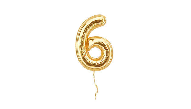 Shiny golden number six balloon floating with a ribbon isolated on transparent background
