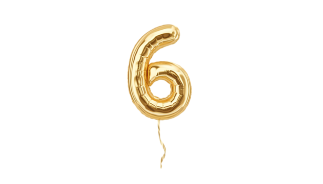 Shiny golden number six balloon floating with a ribbon isolated on transparent background
