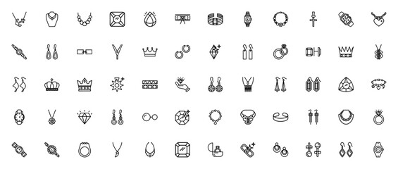 Jewelry icon set. Vector illustration pack. Featuresnecklace, earrings, diamon, bracelet, watch, crown, ing and more. Editable lin icons.