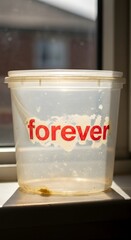 A transparent plastic container with the word 'forever' in bold red letters placed on a windowsill, with a blurred outdoor background visible through the window
