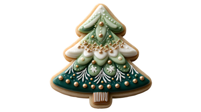 Artistic flat lay of a Christmas tree cookie with smooth green fondant, golden edible pearls, and white frosting snowflakes, creative festive bakery design, isolated on white background
