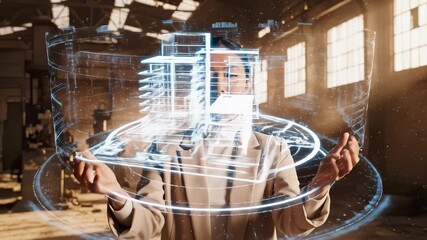 Businesswoman Interacts With Holographic Building Plans in Factory - Powered by Adobe