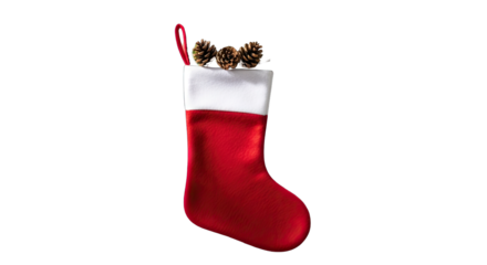 Red Christmas Stocking Filled With Pine Cones And Greenery With White Fur Trim On A Transparent Background