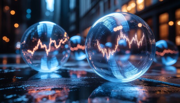 Crystal spheres with financial data reflection on city background, visualizing market trends and economic analysis. The glowing spheres represent the future of investment 