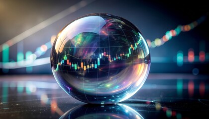 Crystal ball reflecting financial charts, symbolizing market trends and global economy