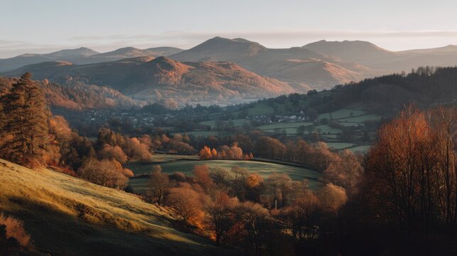 Scenic Autumn Landscape with Rolling Hills, Vibrant Trees, and Distant Mountains under Soft Morning Light in Serene Nature Environment