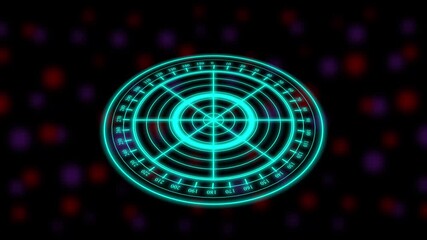 Glowing cyan radar screen with concentric circles and degree markings - Powered by Adobe