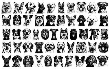 Obraz premium Large xerography illustration set of 51 dog portraits in detailed retro engraving style, high-contrast black and white, isolated on white background