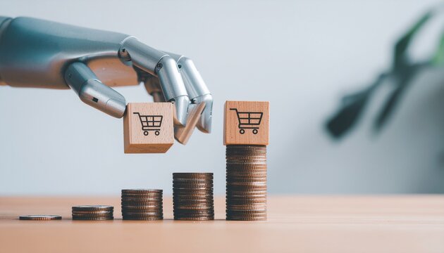 A robotic arm places a shopping cart icon cube on a stack of coins, symbolizing the growth of the business