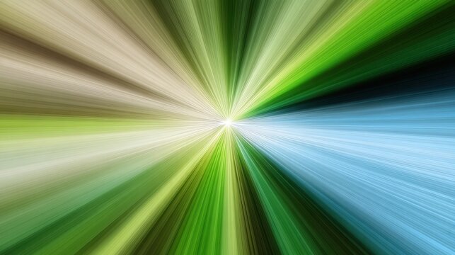 Explosive Burst of Vibrant Green and Blue Light Rays Illuminating a Soft Abstract Background in Dynamic Movement and Flowing Energy