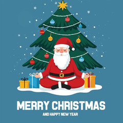 Relaxed Santa Claus Meditating in a Lotus Position Under a Decorated Christmas Tree, Merry Christmas and Happy New Year