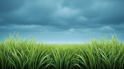 Fototapeta premium Lush Green Grass Landscape Under Dramatic Cloudy Sky Depicting Nature's Beauty and Tranquility in an Open Field Setting
