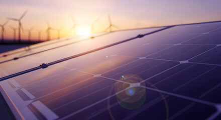 Sustainable energy future showcasing solar panels and wind turbines at sunset, symbolizing renewable power transition and environmental consciousness