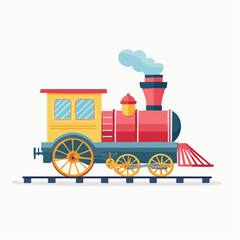 Colorful Cartoon Steam Train Engine on Tracks with Smoke. © Nani