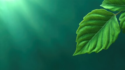 Close-Up of Fresh Green Leaf with Detailed Texture Against a Soft Blurred Background of Light Green and Aquatic Tones in Nature Theme