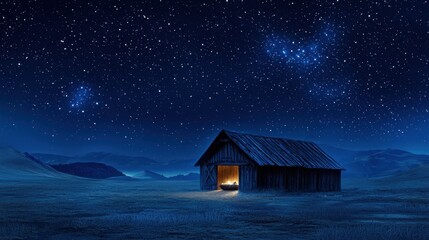 Serene Night Sky Over Rustic Barn in Open Landscape Illuminated by Stars and Moonlight