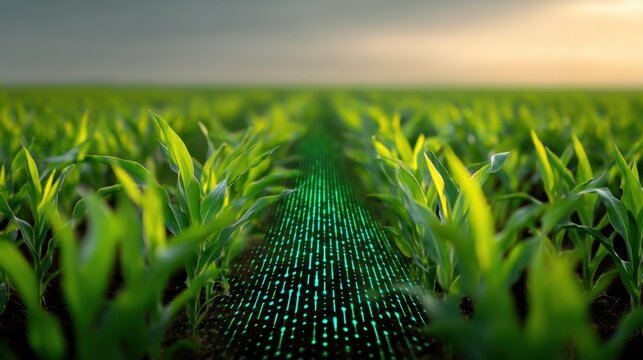 Green Field with Digital Overlay Representing Modern Agriculture and Technology Integration for Sustainable Farming Practices