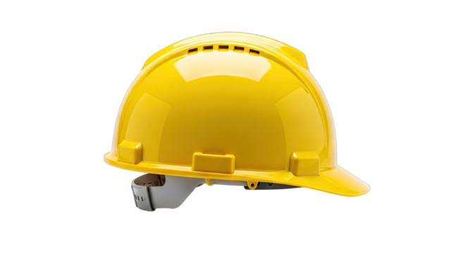 A Yellow Hard Hat Construction Safety Helmet Centered Against a Transparent Background Showing Protective Gear for Industrial Work and Personal Safety