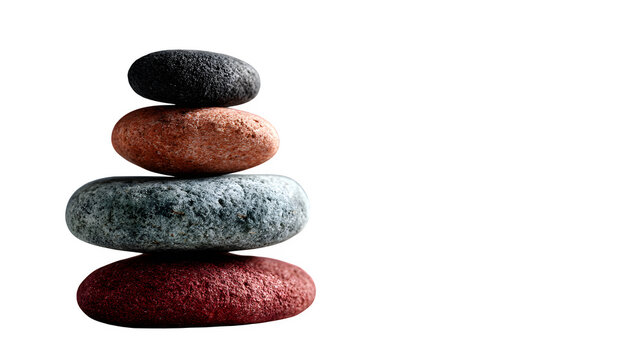 Balanced stack of smooth stones in a tranquil setting, 35mm f/5.6 capture with soft natural daylight, sharp texture details and gentle shadows isolated on white background