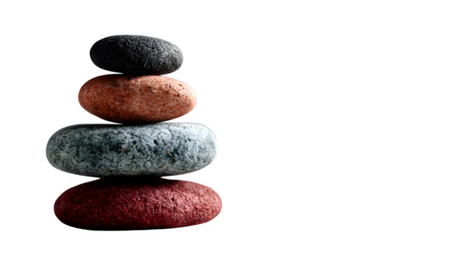 Balanced stack of smooth stones in a tranquil setting, 35mm f/5.6 capture with soft natural daylight, sharp texture details and gentle shadows isolated on white background