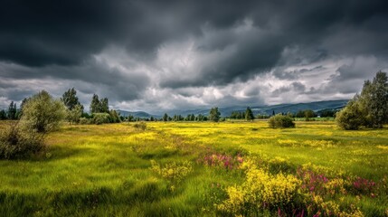 Obraz premium Dramatic Landscape with Dark Clouds Over Colorful Meadow and Wildflowers in Springtime, Nature's Beauty, Lush Green Grass Under Cloudy Sky