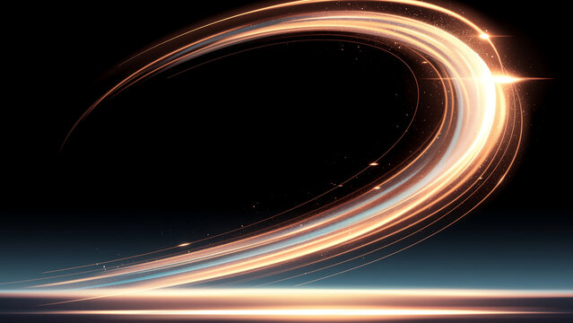 黒背景で旋回するオレンジと青の光の軌跡