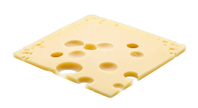 A Single Slice of Swiss Cheese with Distinctive Holes and a Transparent Background Showcasing Its Texture and Yellowish-White Color