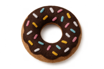 Felt toy donut with chocolate glaze and colorful sprinkles