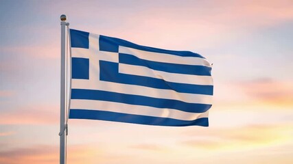 Flag of greece waving in wind at sunset. National symbol of greek country. Travel to greece concept. Patriotism and independence day.