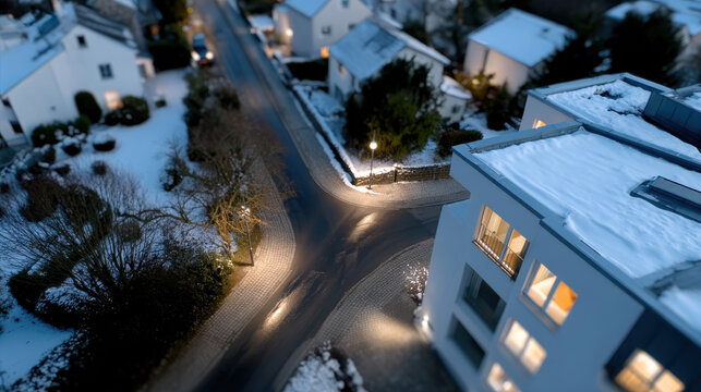This aerial view captures a snowy neighborhood intersection, beautifully illuminated by streetlights, showcasing the tranquility and charm of a winter evening scene.