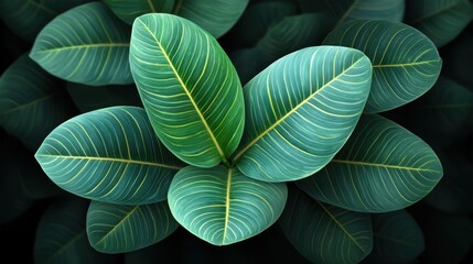 Obraz premium Close-up view of lush green leaves showcasing intricate patterns and vibrant colors, perfect for nature and botanical themes in photography or design