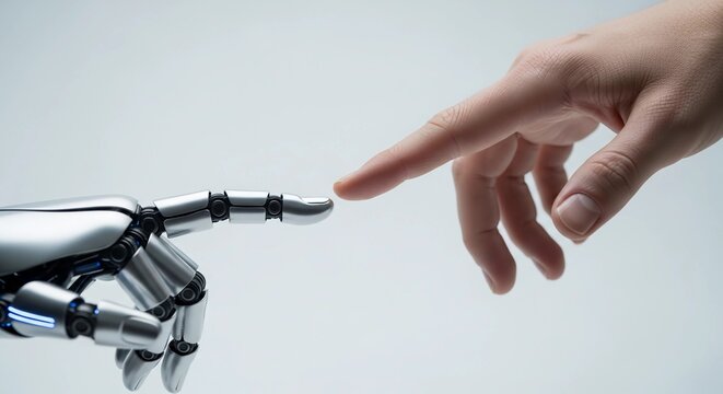 Human and AI Hand Touching Connection Future Technology - Powered by Adobe