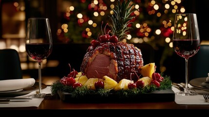 Fototapeta premium Festive Christmas Ham Display with Pineapple and Cherries Surrounded by Elegant Table Setting and Holiday Lights