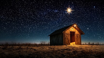 Starry Night Sky Over Rustic Wooden Shed Under Brilliant Celestial Lights on Peaceful Night Landscape