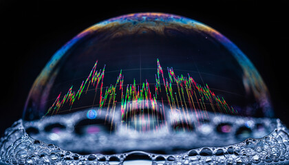 Bubble of Economy: A close-up view unveils a soap bubble reflecting the volatile essence of financial markets, revealing charts, and colors.
