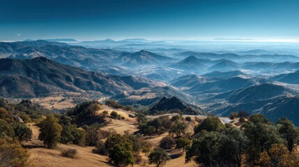 Breathtaking Panoramic View of Mountainous Landscape with Rolling Hills and Valleys Under a Clear Blue Sky