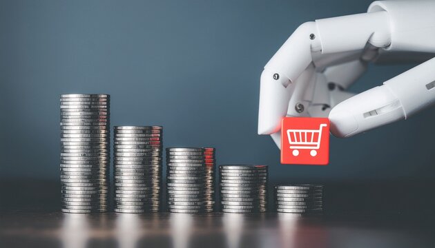 E-commerce growth with robotic support: The image captures an innovative concept, a robotic hand places a shopping cart icon on the money chart showing a downward trend and e-commerce evolution.