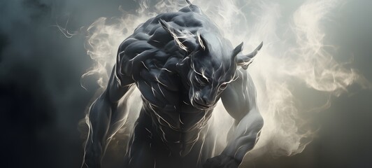 a light minotour liger dyrad coming out of the smoke.,generative AI