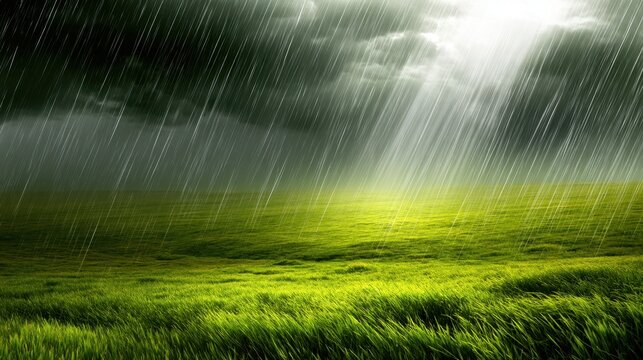 Dramatic Rainfall Over Lush Green Field Under Dark Clouds Illuminated by Sunbeams Piercing Through the Stormy Sky
