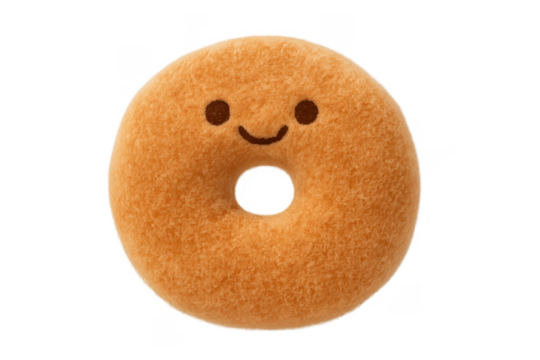 Orange plush donut character smiling on transparent background