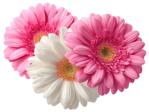 Three gerbera flowers in shades of pink and white on a black background