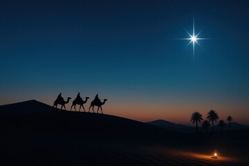 Three kings following star of bethlehem across desert