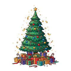 Exceptionally designed modern Christmas tree standing atop vibrant wrapped presents and dynamic golden confetti.
